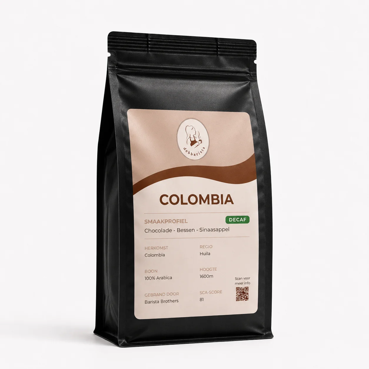 Debbarista Colombia Decaf koffiezak – cafeïnevrije specialty koffie, Huila Colombia, smaak chocolade en amandel