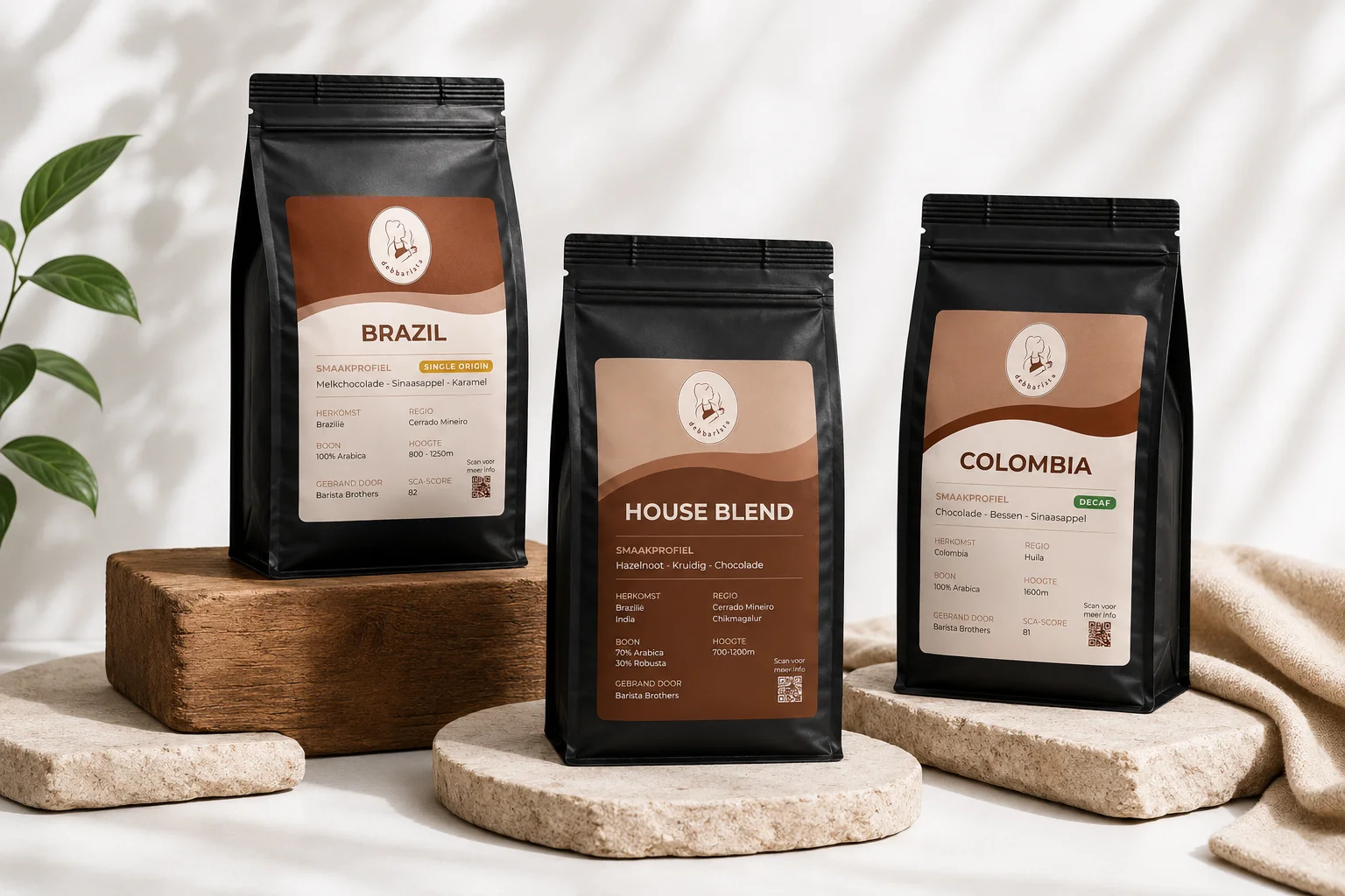 Debbarista koffiecollectie – Brazil, House Blend en Colombia Decaf koffiezakjes op stenen voetstukken